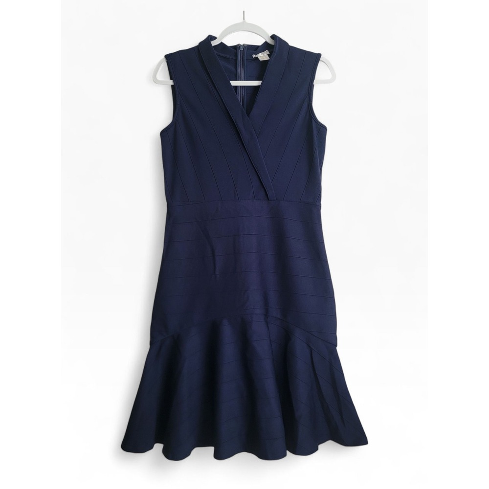 Shoshanna Navy Blue Crepe Vaiana Dress Hourglass Ruffle Hem Sleeveless Size 6